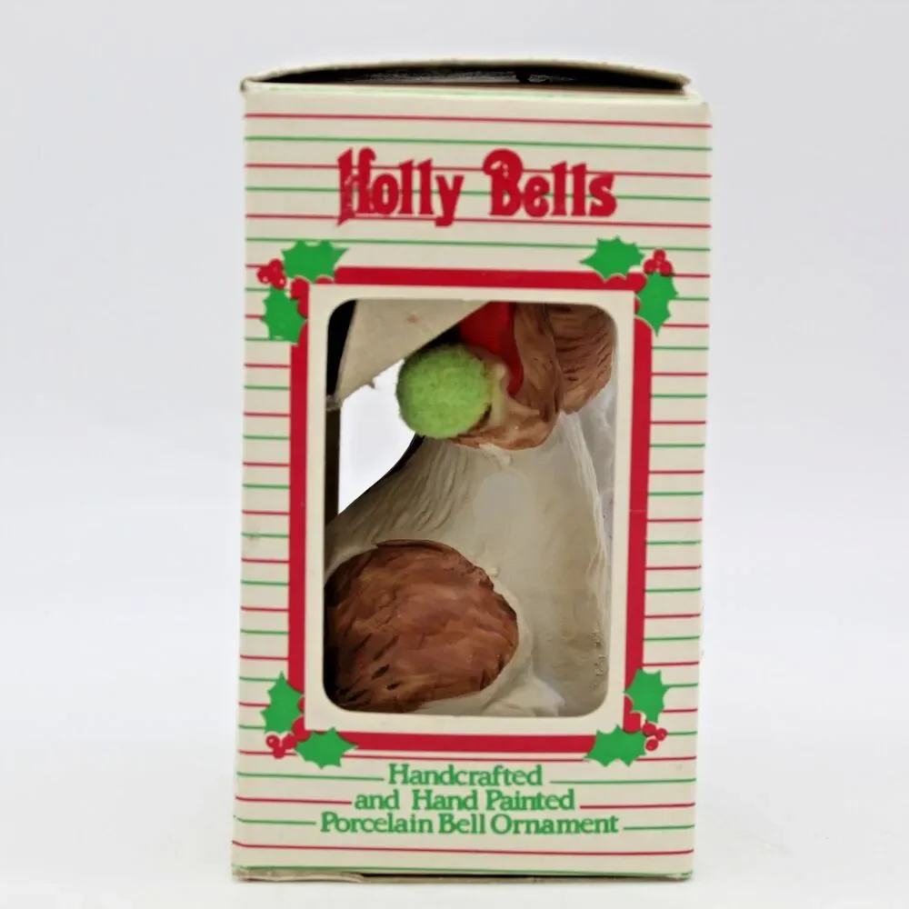 Holly Bells Porcelain Puppy Dog Bell Ornament Vintage 1986 Original Box b